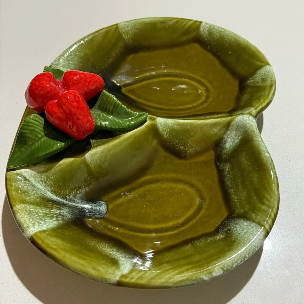 Vintage California‎ Pottery Green Divided Strawberry Serving Dish #892